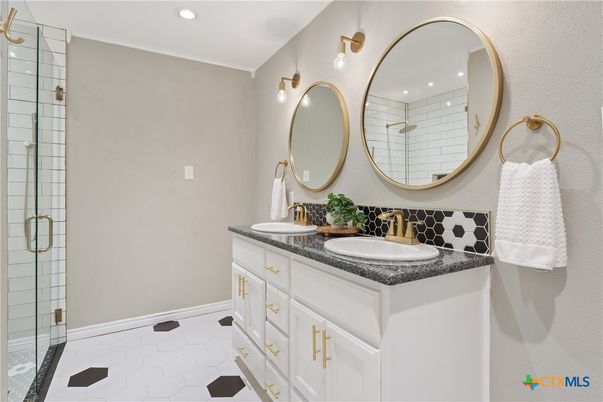 Bathroom, Dual Sink Vanities, Glass Shower, Interior, Recessed Lighting