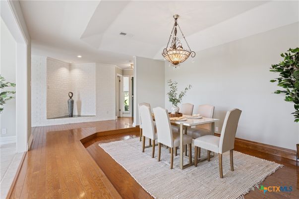 Dining room, Interior, Pendant Lights, Recessed Lighting, Wood Texture Flooring