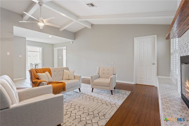 Fireplace, Interior, Living room, Recessed Lighting, Wood Texture Flooring