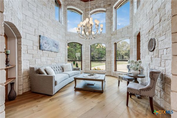 Chandelier, Interior, Living room, Stone Walls, Wood Texture Flooring