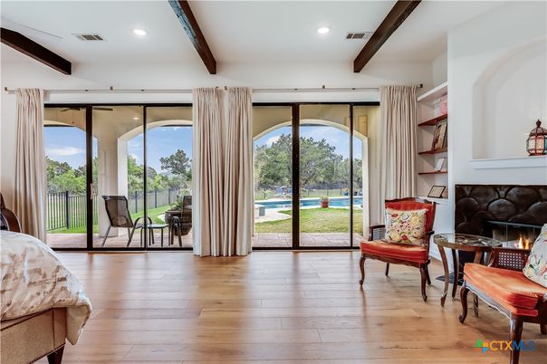 Fireplace, Interior, Recessed Lighting, Wooden Beams, Wood Texture Flooring