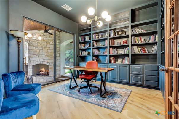 Fireplace, Home Office, Interior, Pendant Lights, Stone Walls, Wood Texture Flooring