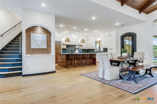Dining room, Interior, Kitchen, Pendant Lights, Recessed Lighting, Wooden Beams, Wooden Ceilings, Wood Texture Flooring