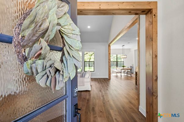 Chandelier, Dining room, Interior, Recessed Lighting, Wooden Beams, Wood Texture Flooring