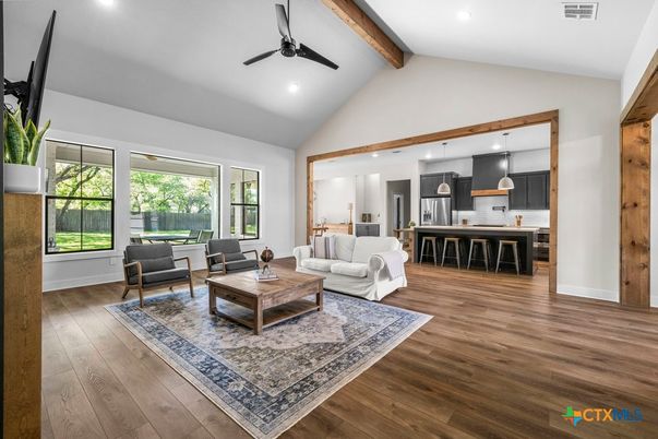 Interior, Kitchen, Living room, Pendant Lights, Recessed Lighting, Stainless Steel Appliances, Wooden Beams, Wood Texture Flooring