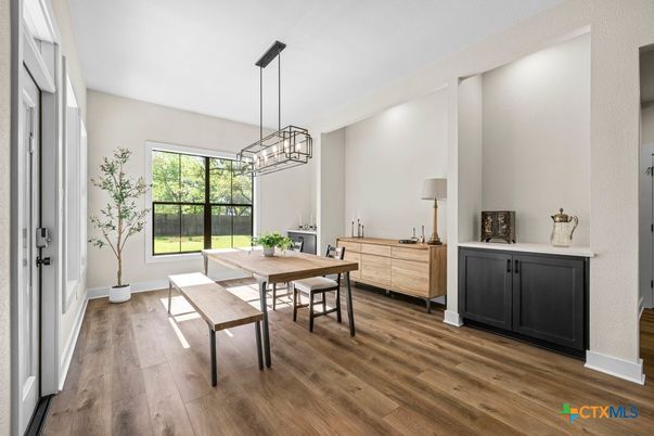 Dining room, Interior, Pendant Lights, Wood Texture Flooring