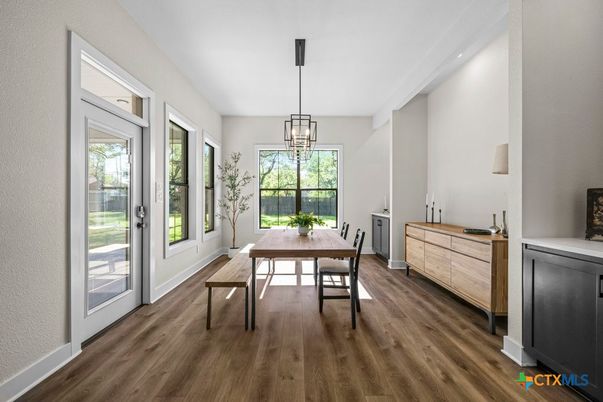 Dining room, Interior, Pendant Lights, Wood Texture Flooring
