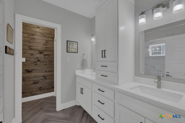 Bathroom, Dual Sink Vanities, Interior, Wood Texture Flooring, Wooden Walls
