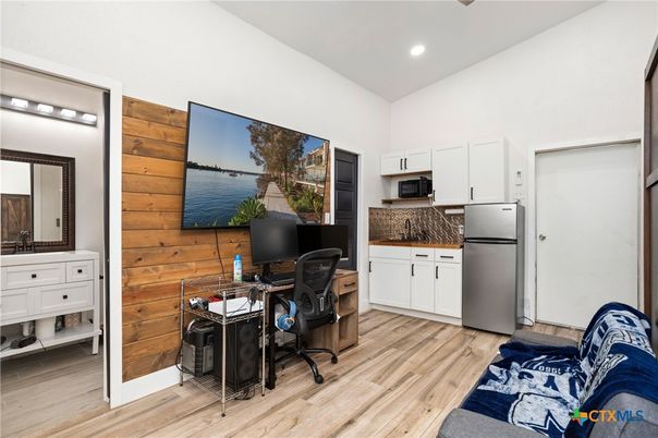 Home Office, Interior, Kitchen, Recessed Lighting, Wood Texture Flooring, Wooden Walls
