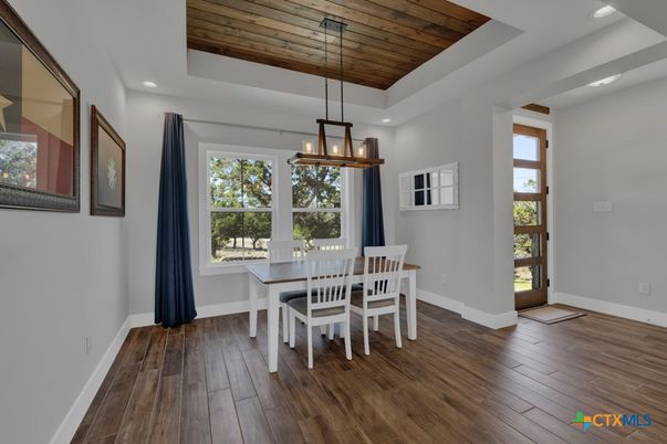 Dining room, Interior, Pendant Lights, Recessed Lighting, Wooden Ceilings, Wood Texture Flooring