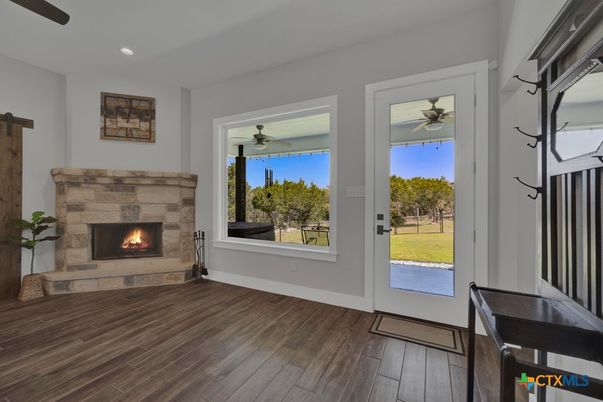 Fireplace, Interior, Recessed Lighting, Wood Texture Flooring