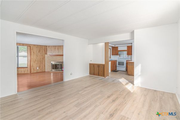 Empty room, Fireplace, Interior, Kitchen, Wood Texture Flooring