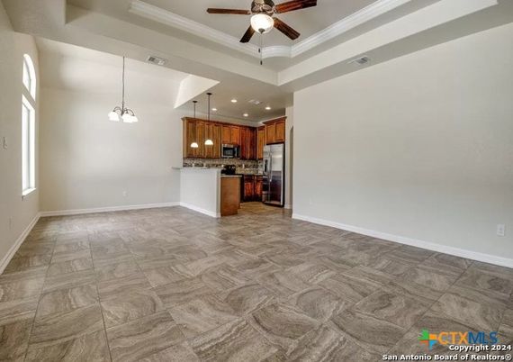 Empty room, Interior, Kitchen, Pendant Lights, Recessed Lighting, Stainless Steel Appliances