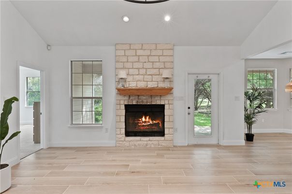 Fireplace, Interior, Recessed Lighting, Wood Texture Flooring