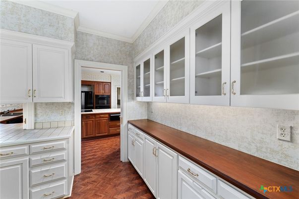 Interior, Kitchen, Tile Countertops, Wood Texture Flooring