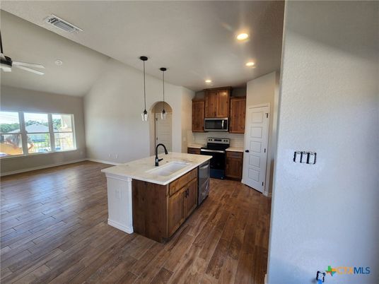 Interior, Kitchen, Pendant Lights, Recessed Lighting, Stainless Steel Appliances, Wood Texture Flooring