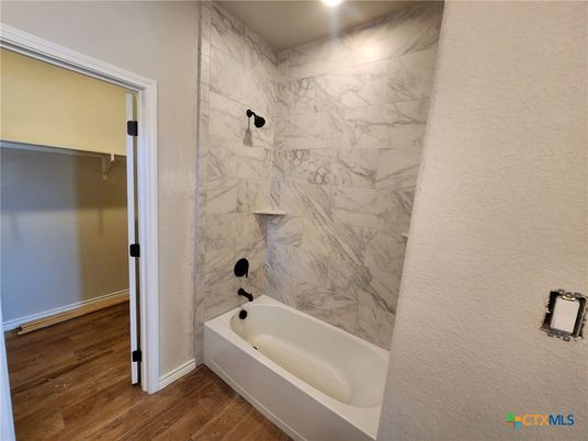 Bathroom, Interior, Marble Walls, Recessed Lighting, Wood Texture Flooring