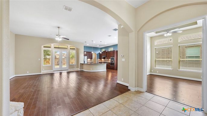 Empty room, Interior, Kitchen, Pendant Lights, Recessed Lighting, Wood Texture Flooring