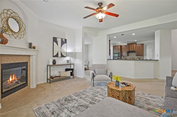 Fireplace, Interior, Kitchen, Living room, Recessed Lighting