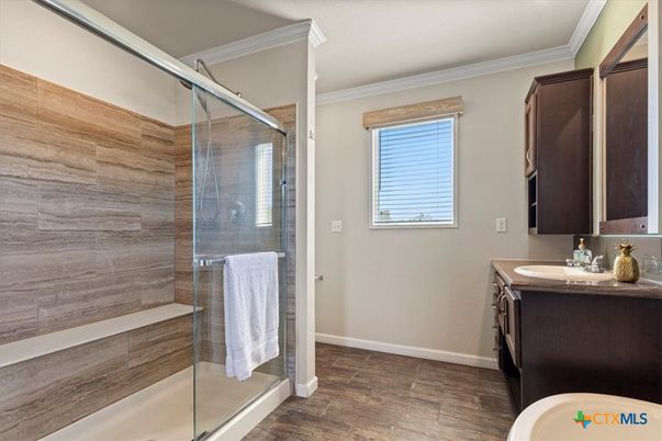 Bathroom, Glass Shower, Interior, Wood Texture Flooring