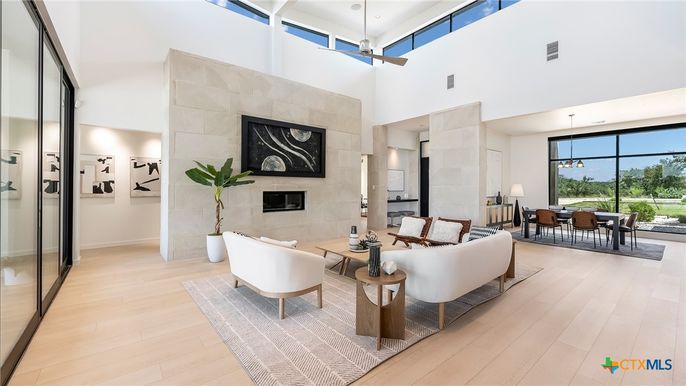 Dining room, Fireplace, Interior, Living room, Pendant Lights, Wood Texture Flooring