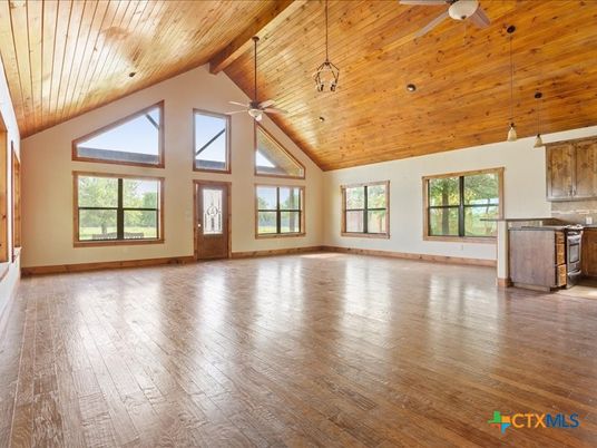 Empty room, Interior, Kitchen, Pendant Lights, Recessed Lighting, Wooden Beams, Wooden Ceilings, Wood Texture Flooring