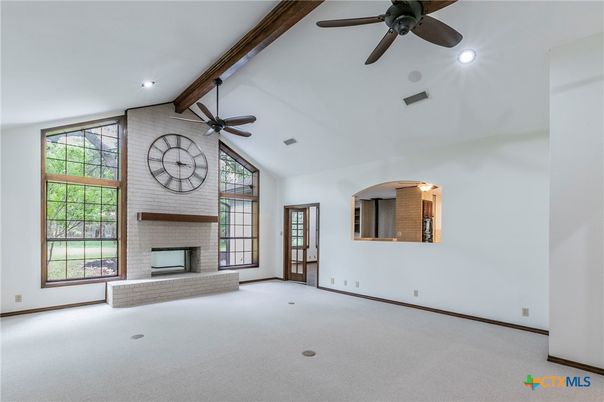 Empty room, Fireplace, Interior, Recessed Lighting, Stone Walls