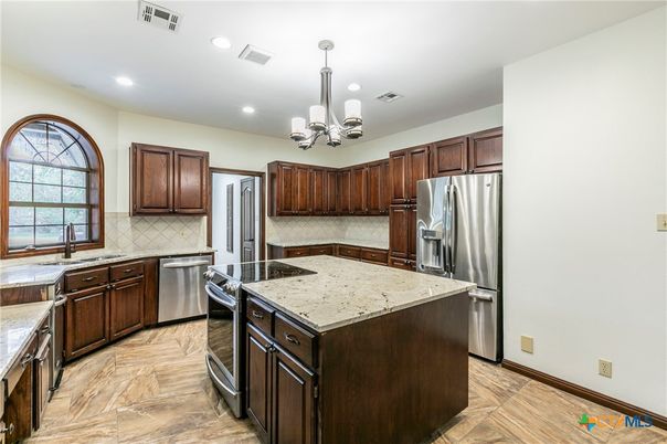 Chandelier, Interior, Kitchen, Recessed Lighting, Stainless Steel Appliances, Wood Texture Flooring
