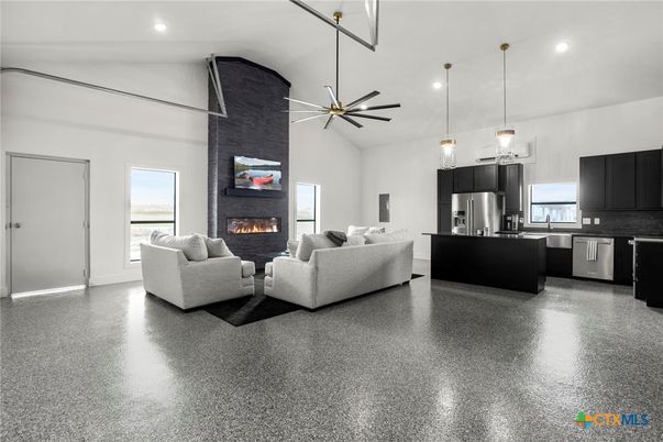 Fireplace, Interior, Kitchen, Living room, Pendant Lights, Recessed Lighting, Stainless Steel Appliances