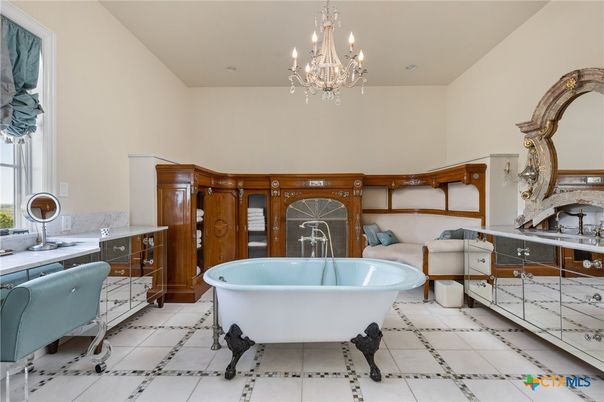 Bathroom, Chandelier, Free Standing Baths, Interior, Marble, Recessed Lighting