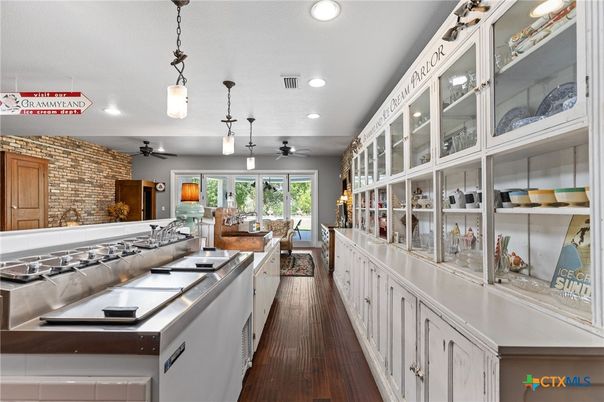 Interior, Kitchen, Living room, Pendant Lights, Recessed Lighting, Stone Walls, Wood Texture Flooring