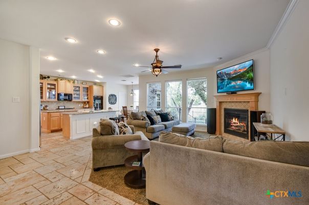 Fireplace, Interior, Kitchen, Living room, Pendant Lights, Recessed Lighting