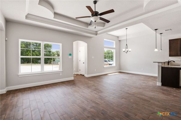 Chandelier, Empty room, Interior, Pendant Lights, Wood Texture Flooring