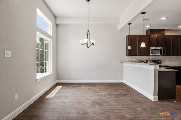 Chandelier, Interior, Kitchen, Pendant Lights, Recessed Lighting, Wood Texture Flooring