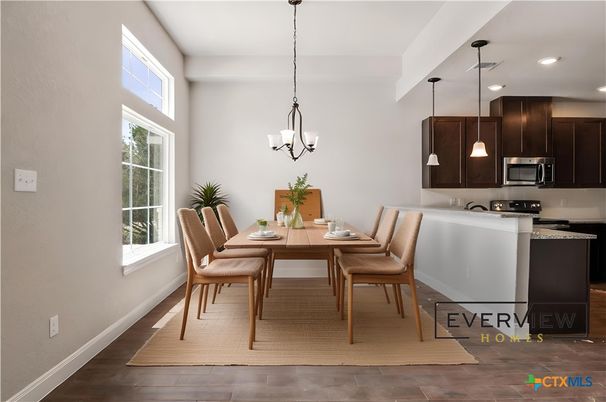 Chandelier, Dining room, Interior, Kitchen, Pendant Lights, Recessed Lighting, Wood Texture Flooring