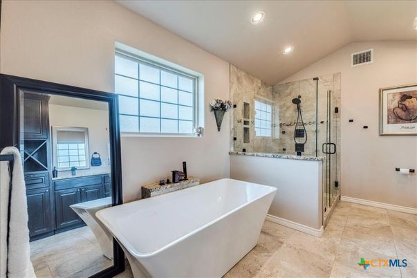 Bathroom, Free Standing Baths, Glass Shower, Interior, Recessed Lighting