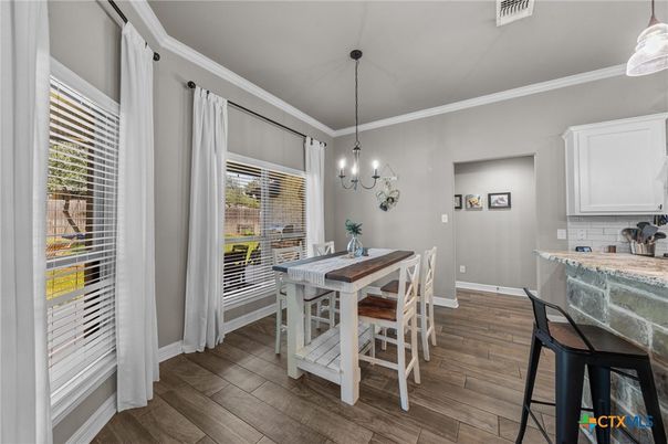 Dining room, Interior, Pendant Lights, Wood Texture Flooring