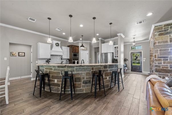 Interior, Kitchen, Pendant Lights, Recessed Lighting, Stainless Steel Appliances, Stone Walls, Wood Texture Flooring