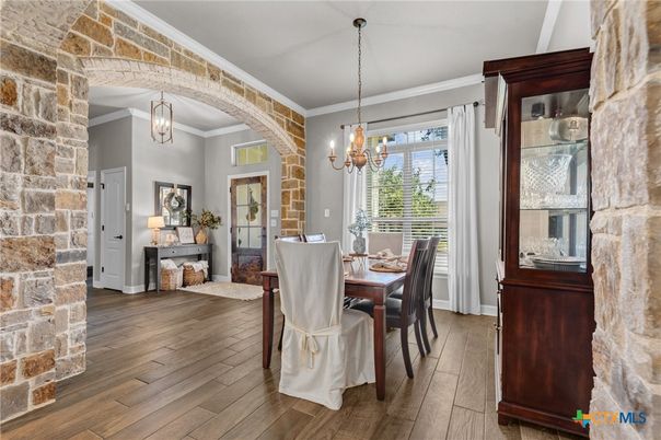Chandelier, Dining room, Interior, Pendant Lights, Stone Walls, Wood Texture Flooring