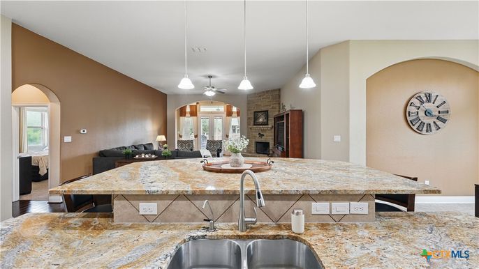 Fireplace, Interior, Kitchen, Pendant Lights, Wood Texture Flooring