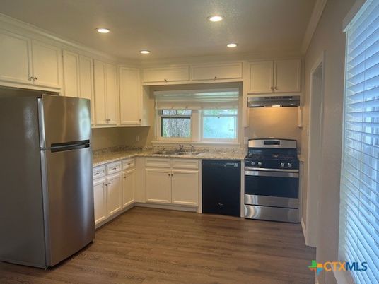 Interior, Kitchen, Recessed Lighting, Stainless Steel Appliances, Wood Texture Flooring