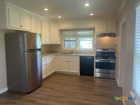 Interior, Kitchen, Recessed Lighting, Stainless Steel Appliances, Wood Texture Flooring