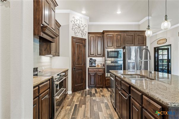 Interior, Kitchen, Pendant Lights, Recessed Lighting, Stainless Steel Appliances, Wood Texture Flooring