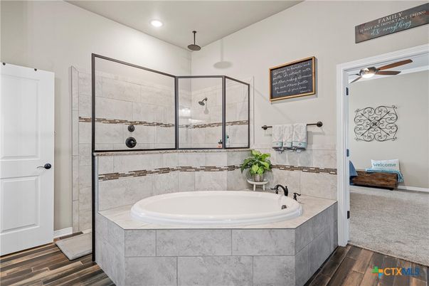Bathroom, Glass Shower, Interior, Recessed Lighting, Wood Texture Flooring