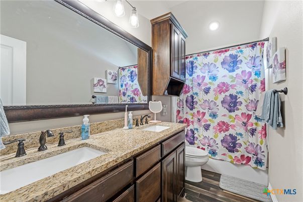 Bathroom, Dual Sink Vanities, Interior, Recessed Lighting, Wood Texture Flooring