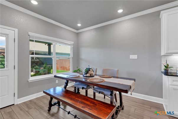 Dining room, Interior, Recessed Lighting, Wood Texture Flooring