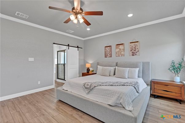 Bedroom, Interior, Recessed Lighting, Wood Texture Flooring