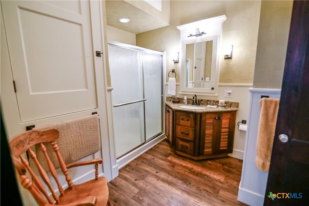 Bathroom, Glass Shower, Interior, Recessed Lighting, Wood Texture Flooring