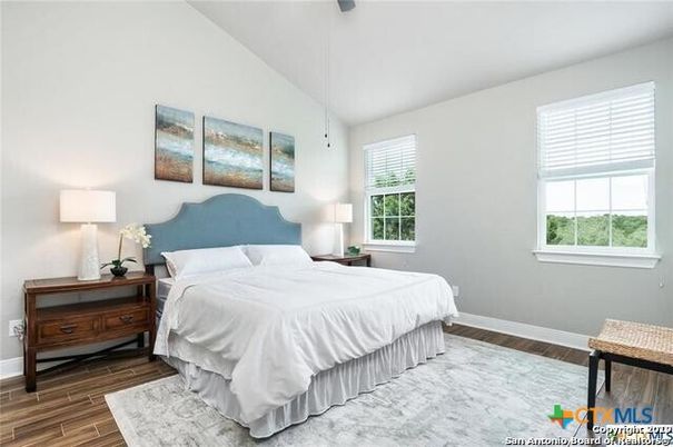 Bedroom, Interior, Pendant Lights, Wood Texture Flooring