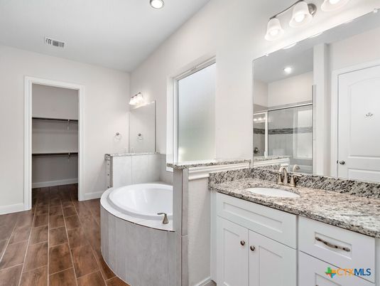 Bathroom, Dual Sink Vanities, Interior, Recessed Lighting, Walk-in Closets, Wood Texture Flooring